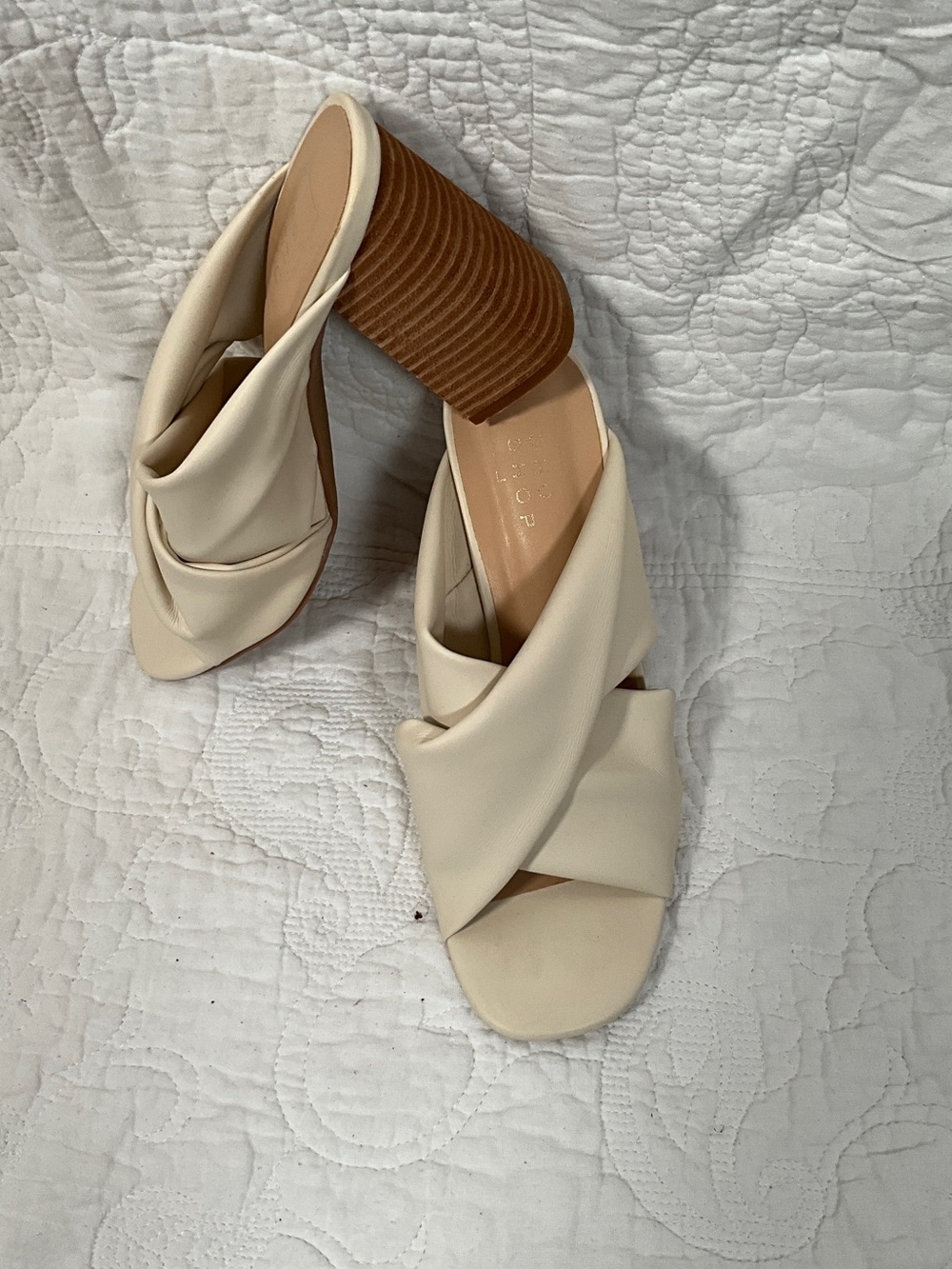 ShuShop Cream Crisscross Block Heel Mules